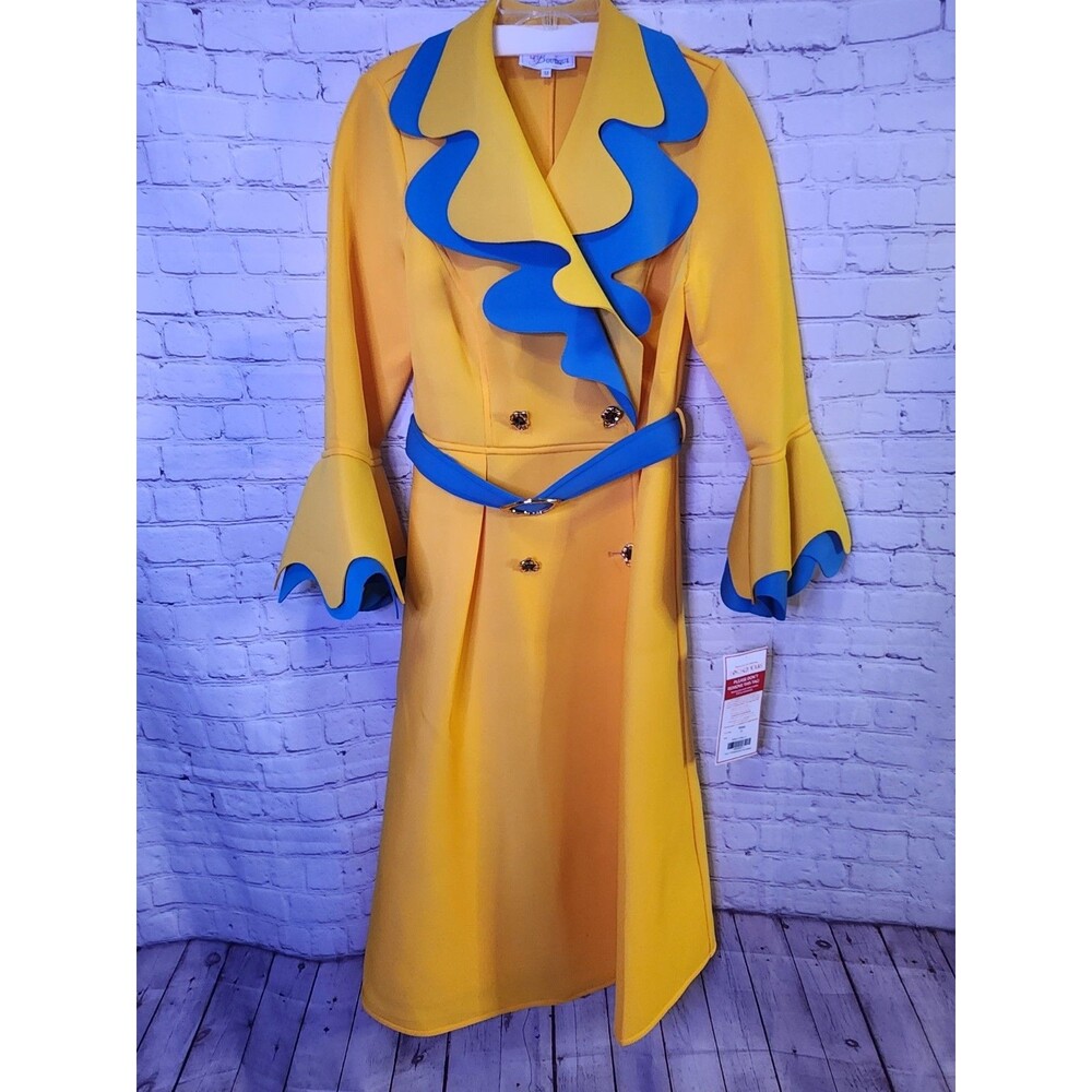 EY Boutique Wavy Trimmed Belted Dress Womens 12 Blue Gold Scuba Material Church